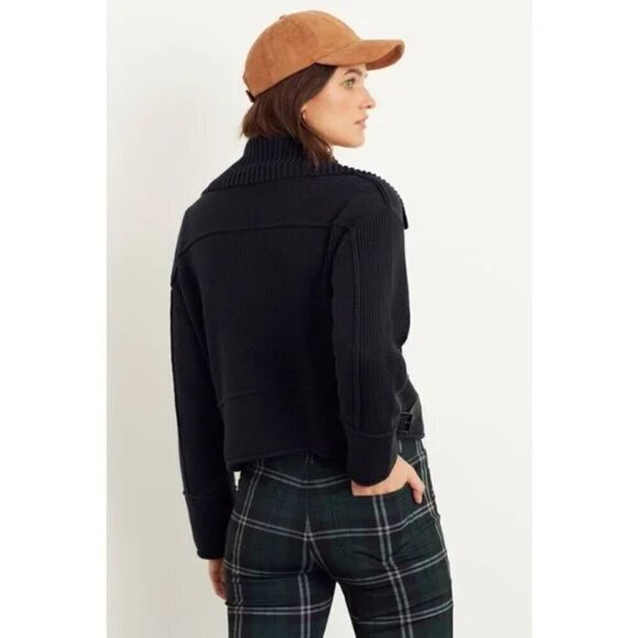 Anthropologie Andrea Black Cropped Full Zip Buckle Sweater Cardigan M NWT - Picture 2 of 9